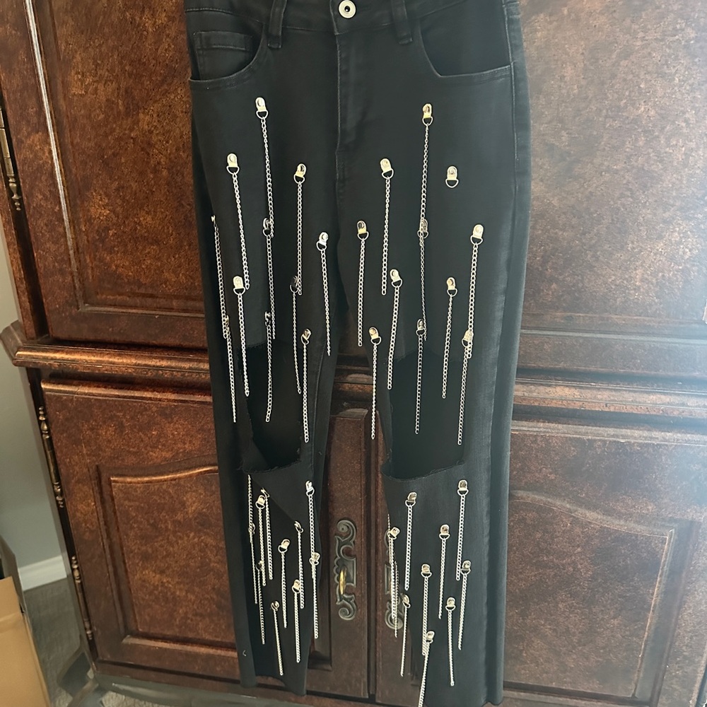 Black Women Demim Love Jeans embellished with silver chains